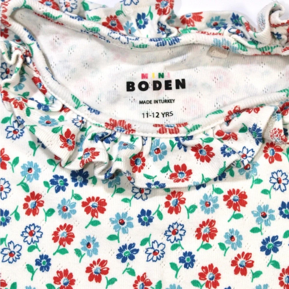 Mini Boden Cream White Short Sleeve Pointelle Tee with Red & Blue Floral Print